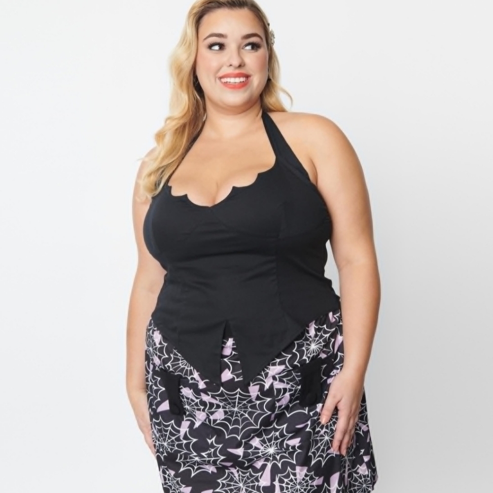 Unique Vintage Plus Size Black Bat Halter Crop Top - 3X NWT